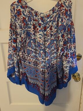 Cato White, Blue & Red Floral Peasant Tunic